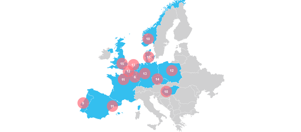 Map of number of nationalities represented per venue